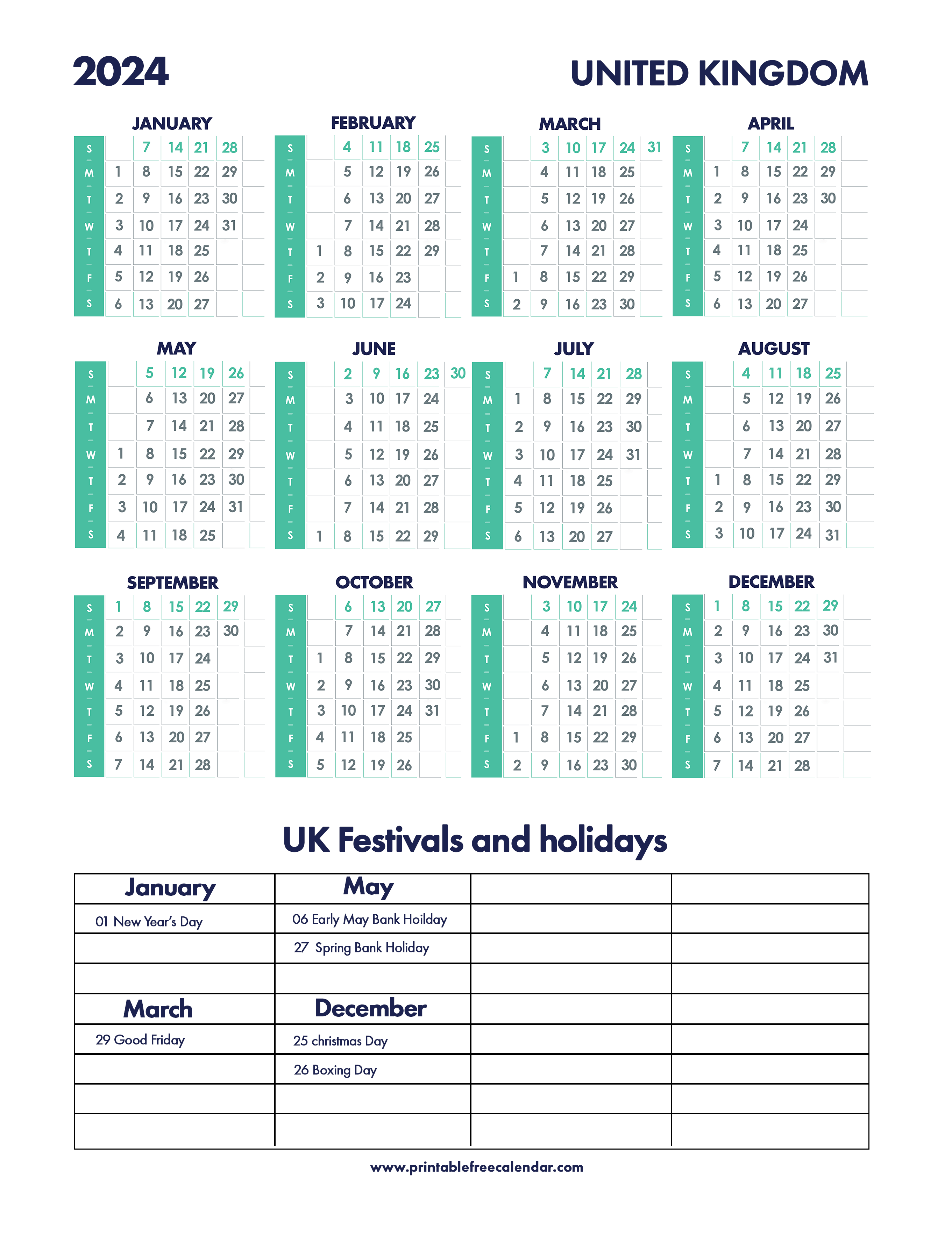 2024 UK Holiday Printable Calendar