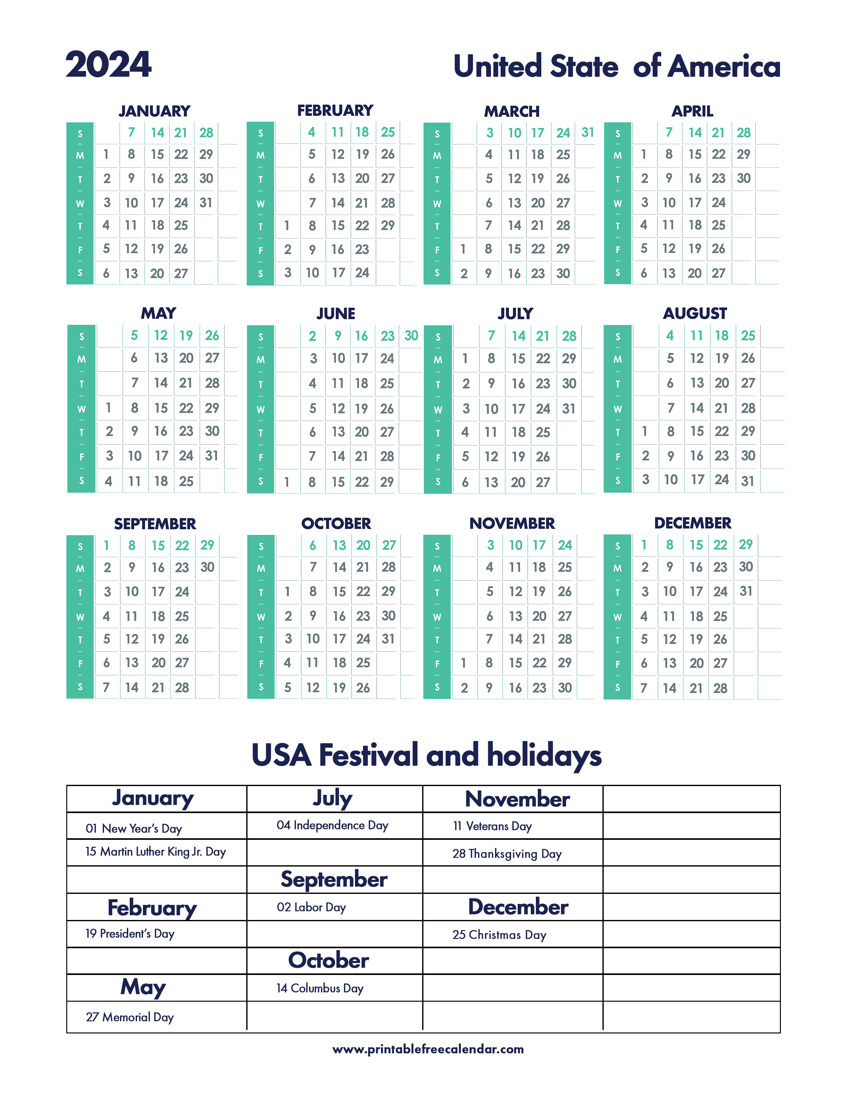US Holidays 2024 Calendar Free Download